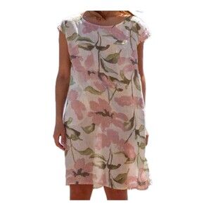 Me & Gee Made With Love 100% Linen Sheer Floral Front Open Pockets Shift Dress S